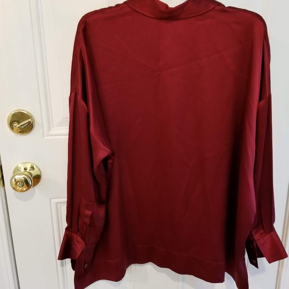 Eileen Fisher Cranberry Red Long Sleeve Hammered Silk Collared Blouse, Sz Small - Picture 3 of 7